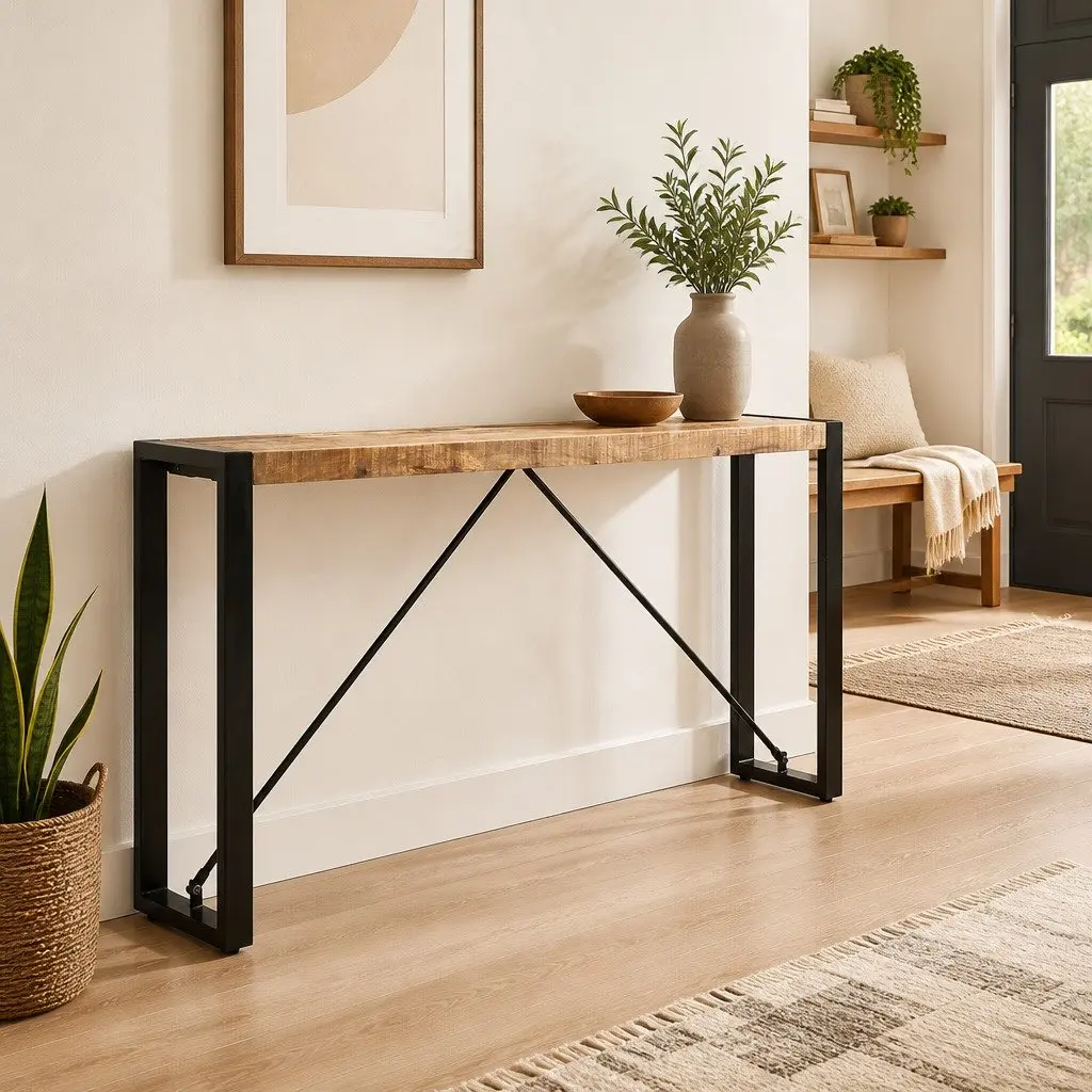End Table Console 150x35x76cm Solid Mango Wood Industrial Steel Legs Hall