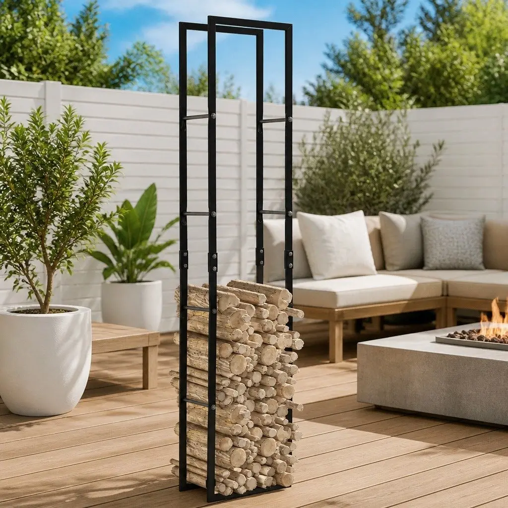 Firewood Rack Steel Log Storage Black Rectangular Holder