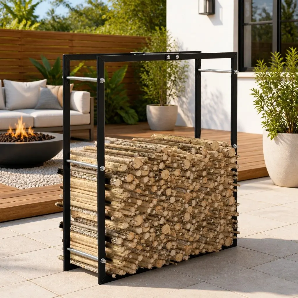 Firewood Rack Heavy-Duty Steel Rectangular Tall Log Holder Black