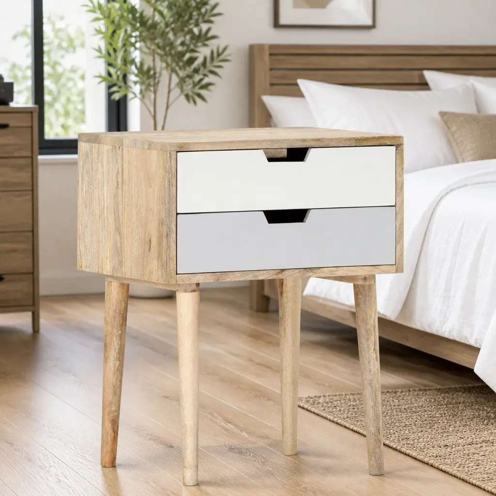 Bedside Cabinet Handmade Solid Mango Wood Nightstand 47x35x59cm with 2 Drawers
