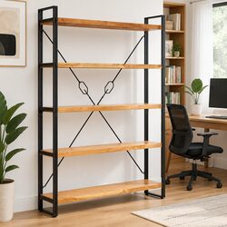 5-Tier Bookcase 140x30x180cm Solid Acacia Wood Industrial Steel Frame Storage