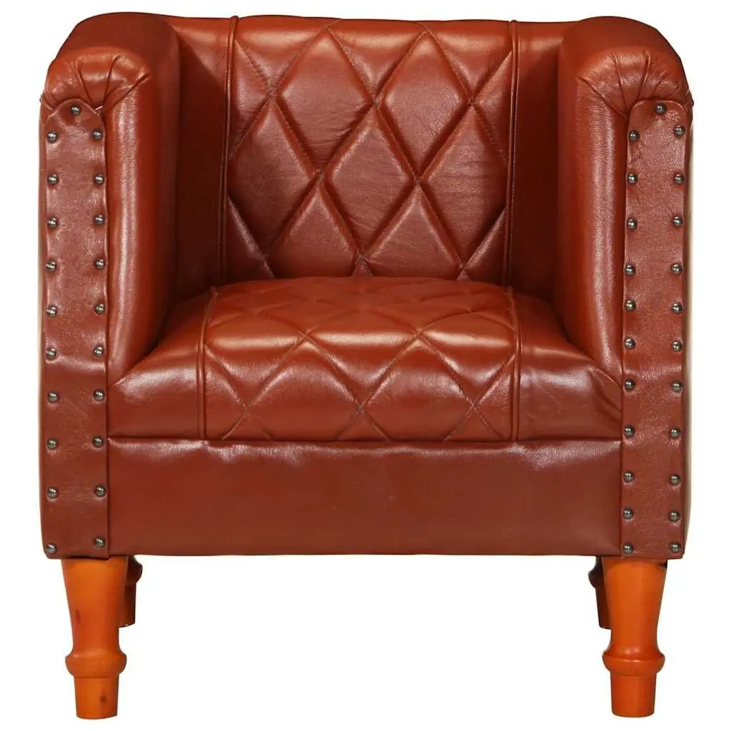 Tub Chair Brown Goat Leather Armchair Living Room Lounge Seat Padded Comfort