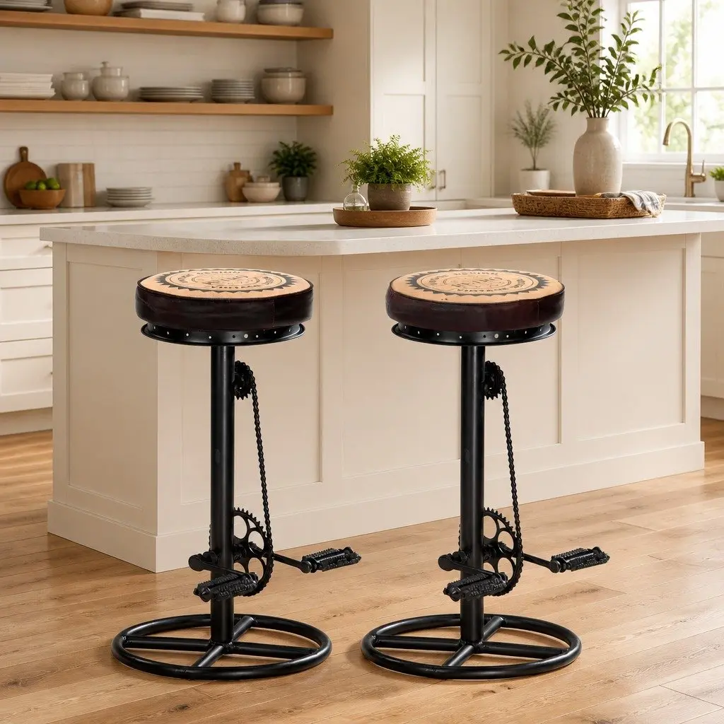 Bar Stools Real Leather Upholstered with Bicycle Pedal Footrest 2 Piece