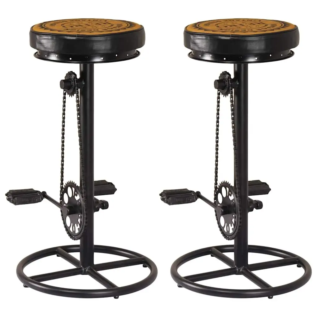 Bar Stools Real Leather Upholstered with Bicycle Pedal Footrest 2 Piece
