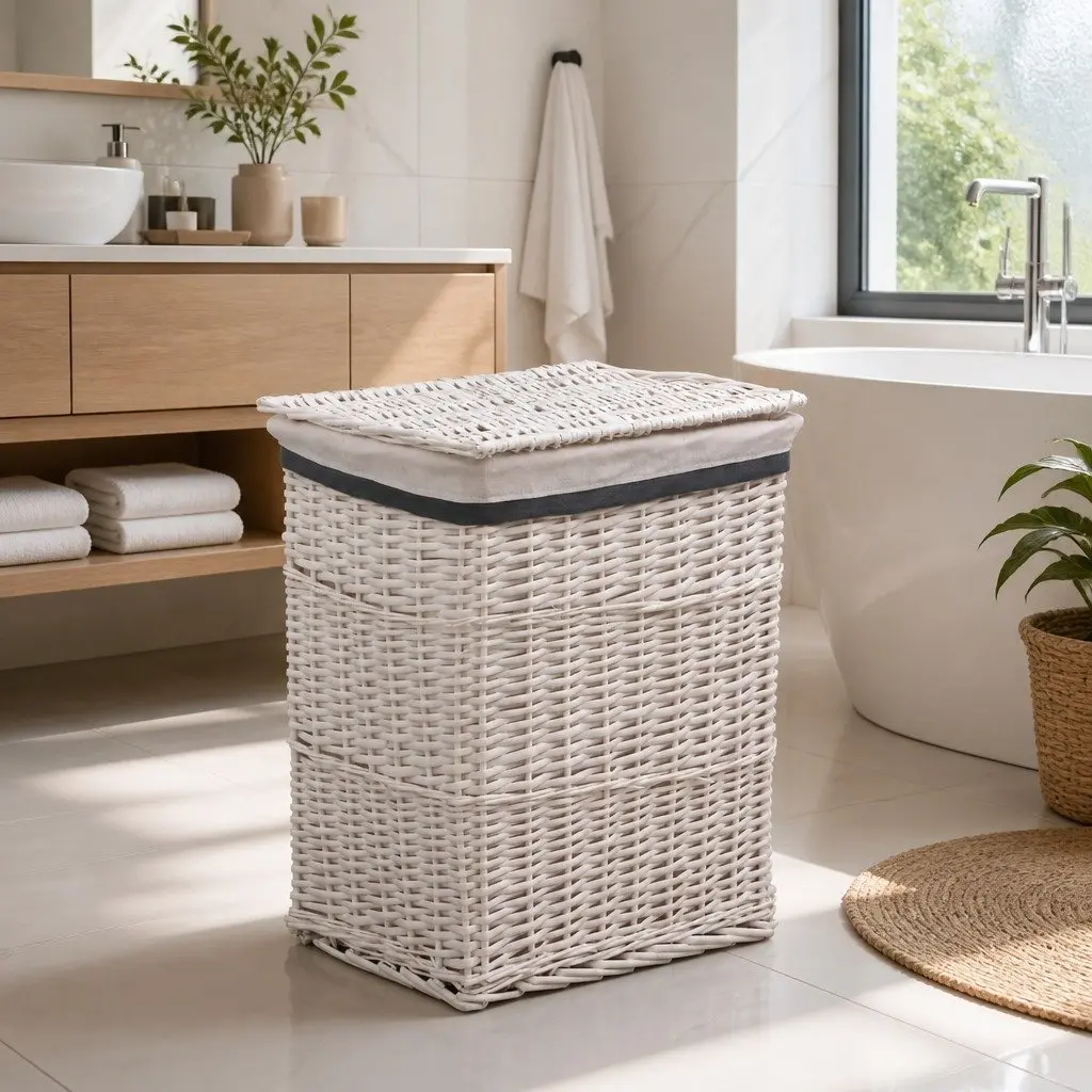 Laundry Basket White Woven Willow Sturdy Durable Bathroom Household Storage
