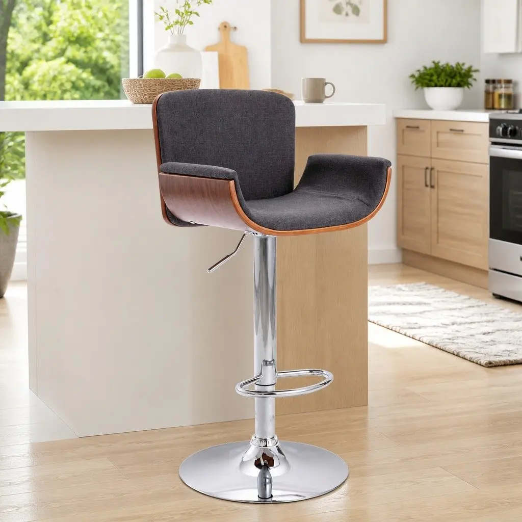 Bar Stool Grey Fabric Padded Seat Wooden Frame Metal Footrest Gas Lift Height Adjustable