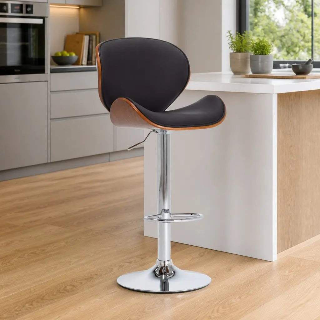 Bar Stool Black Faux Leather Seat Gas Lift Adjustable Height with Footrest