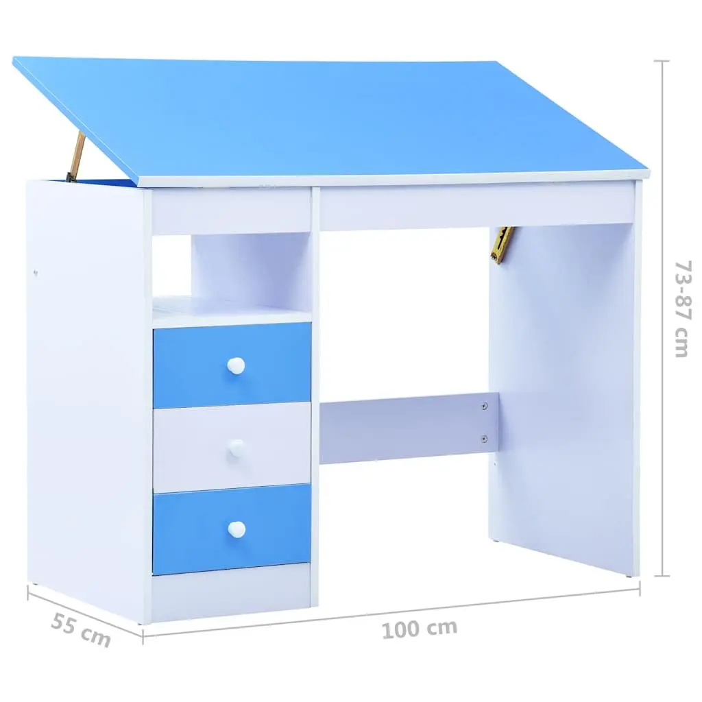 Children's Art & Drafting Table Tiltable Study Desk Blue White Workspace Drawing