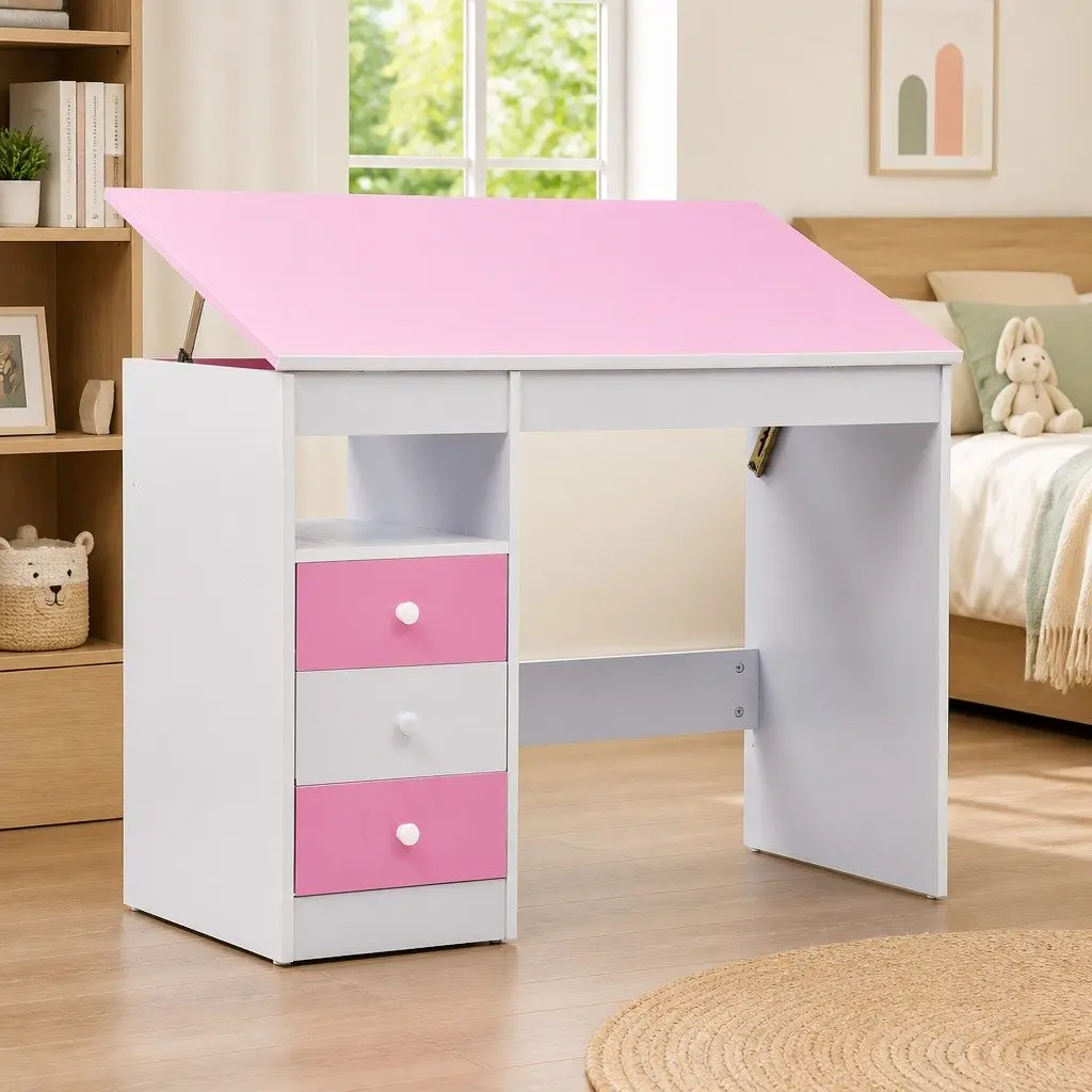 Children's Art Drawing Study Desk Tiltable Workspace Table Pink White Kids