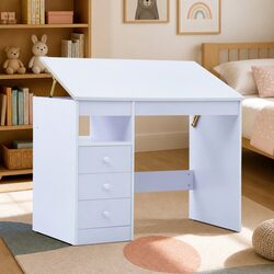 Children Art Drafting Table Tiltable Study Desk White Workspace with Storage