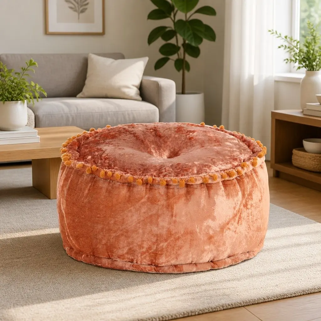Round Velvet Pouffe Ottoman 40cm Beige