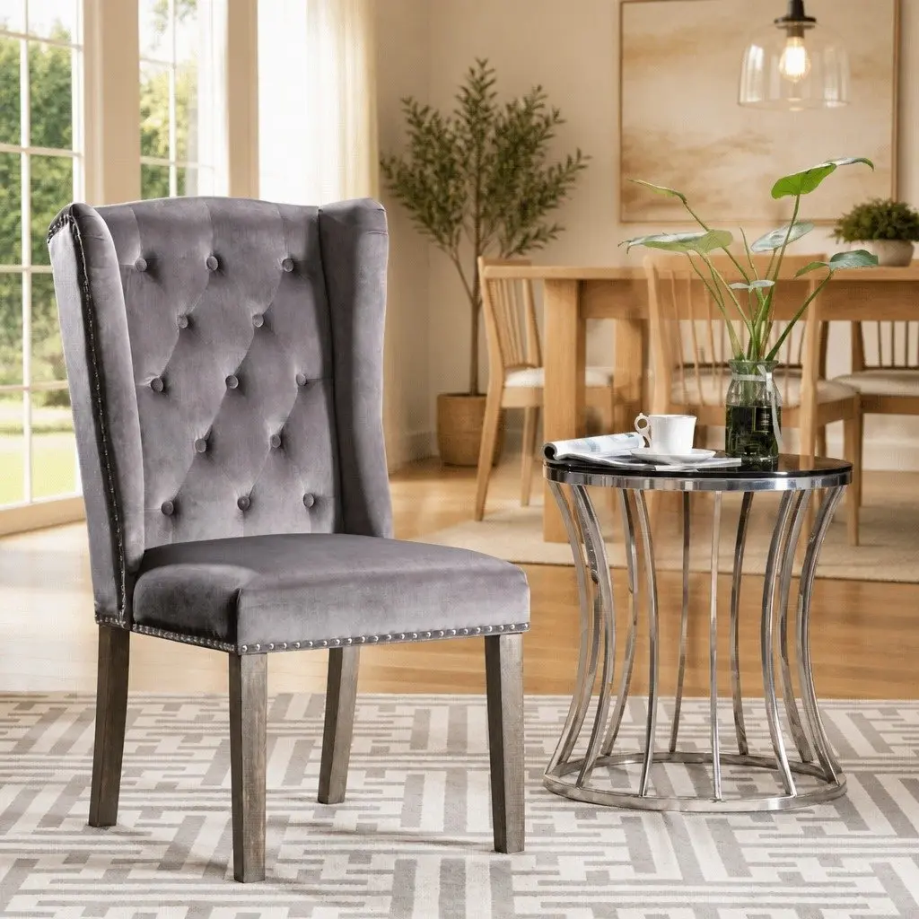 Velvet Upholstered Dining Chair with Button Backrest and Metal Rivets in Grey