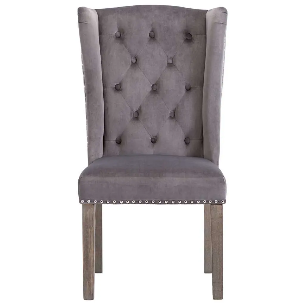 Velvet Upholstered Dining Chair with Button Backrest and Metal Rivets in Grey