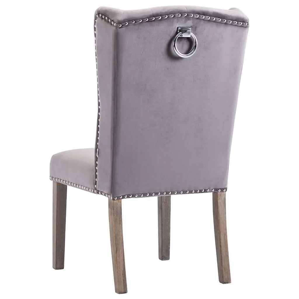 Velvet Upholstered Dining Chair with Button Backrest and Metal Rivets in Grey