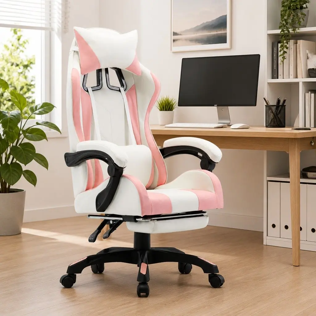 Racing Office Chair Pink White Faux Leather Reclining 360 Degree Swivel Desk Seat