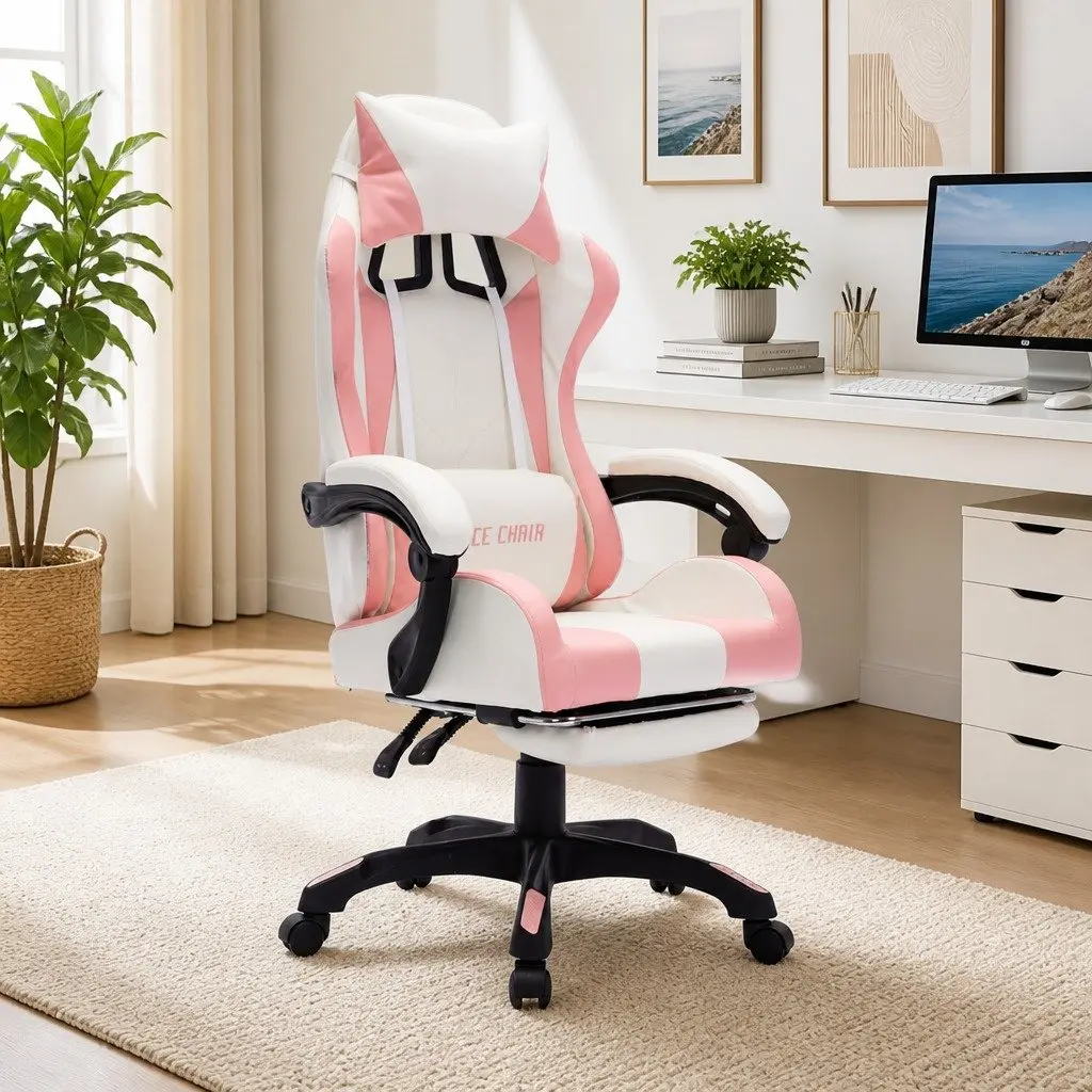 Racing Chair Gaming Office Desk Seat Pink RGB LED Lights Reclining Footrest