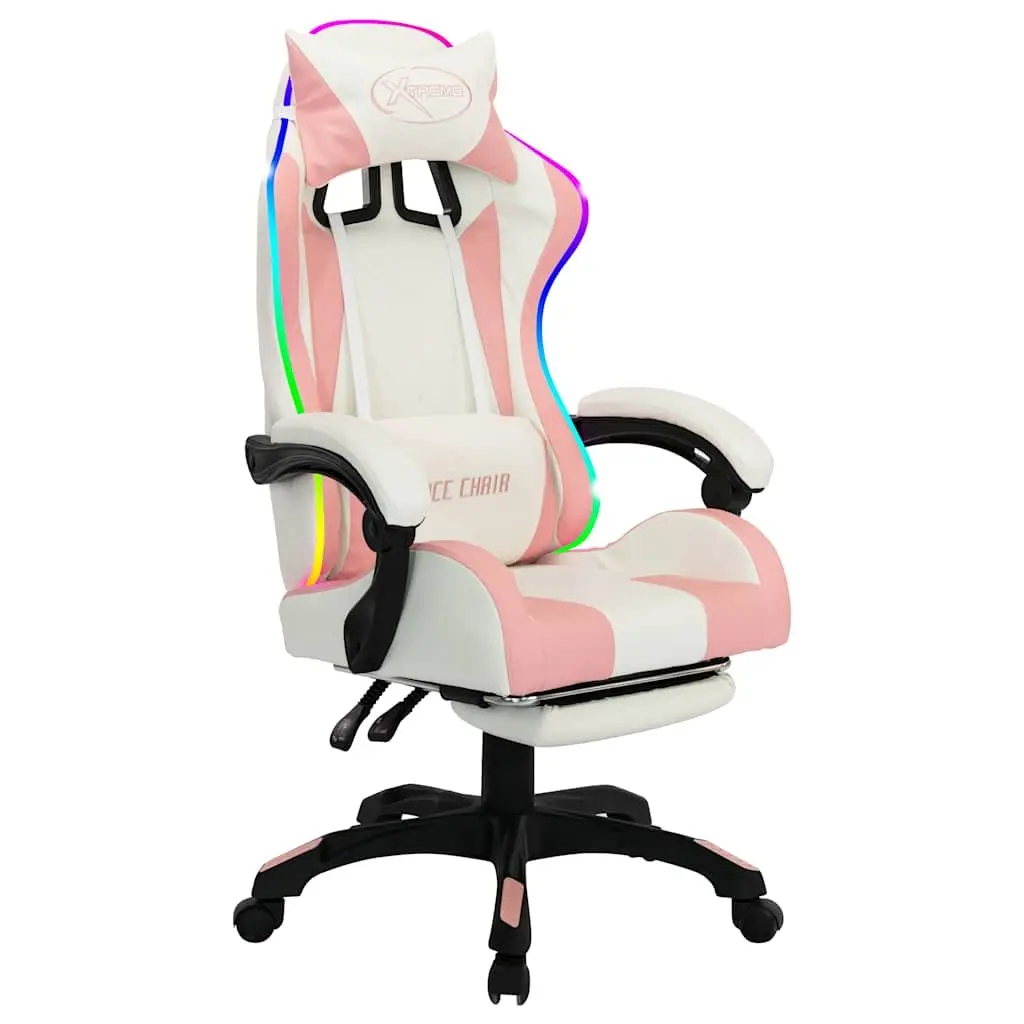 Racing Chair Gaming Office Desk Seat Pink RGB LED Lights Reclining Footrest