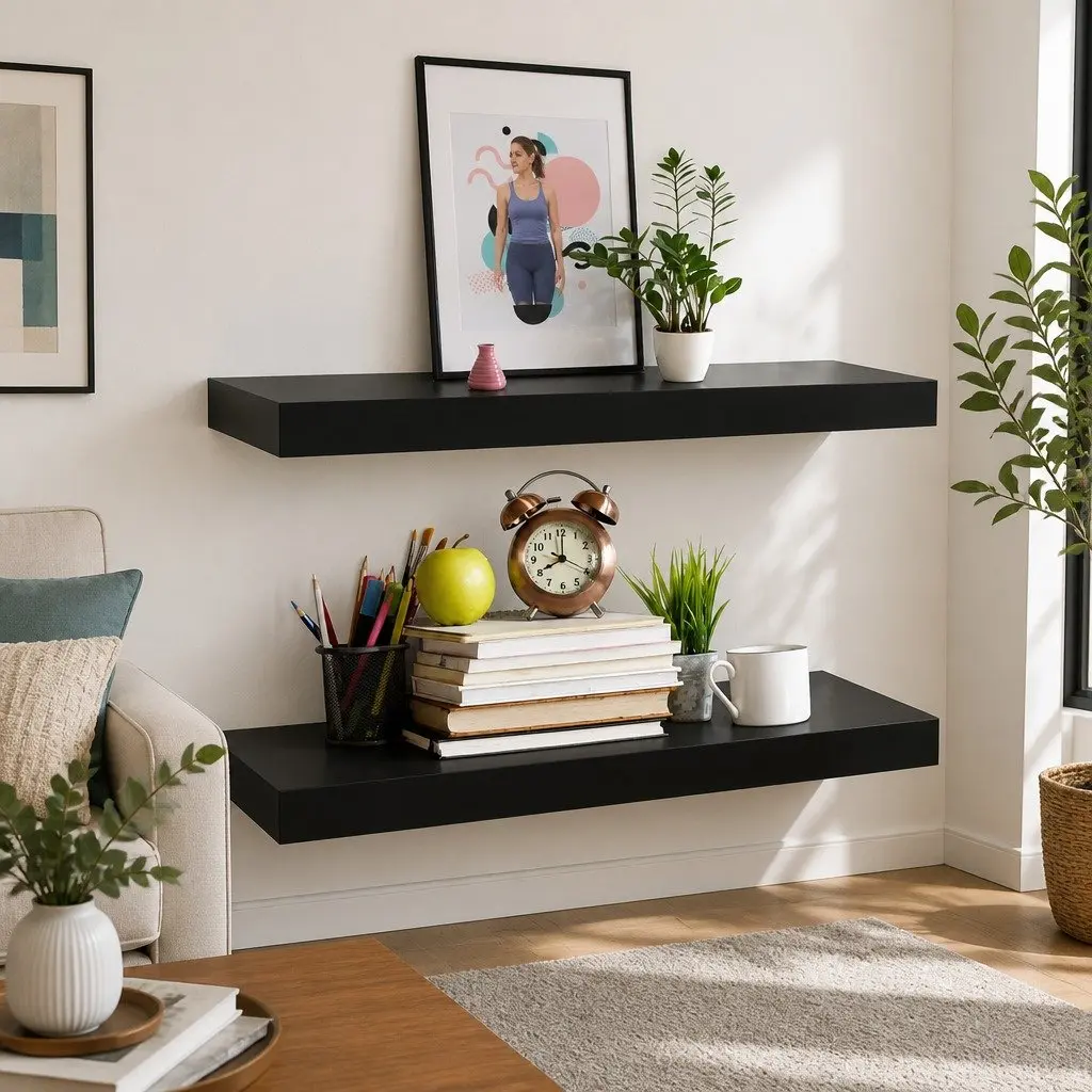 Floating Wall Shelves Black Display Storage 40x20cm Home Decor Organizer Set 2pc