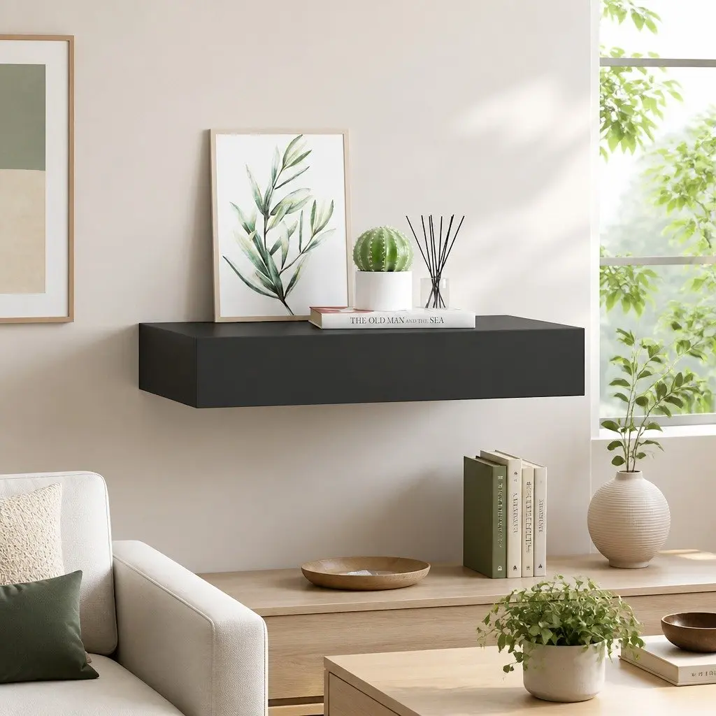 Floating Wall Shelf with Drawer Black 48x25x8 cm