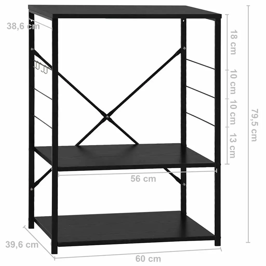 Kitchen Organiser 3-Tier Black Storage Cabinet with Side Hooks 60x39.6x79.5cm