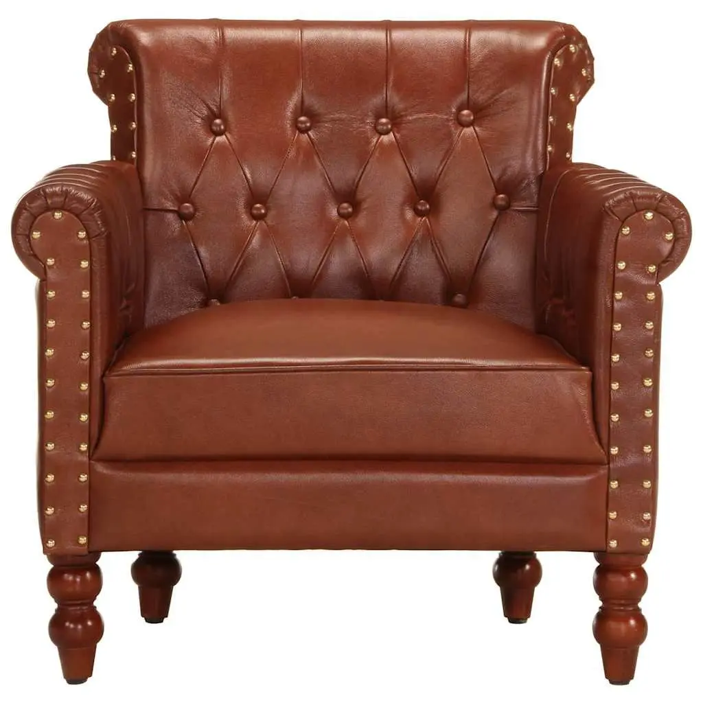 Armchair Brown Real Goat Leather Upholstered Solid Mango Wood Legs Living Room