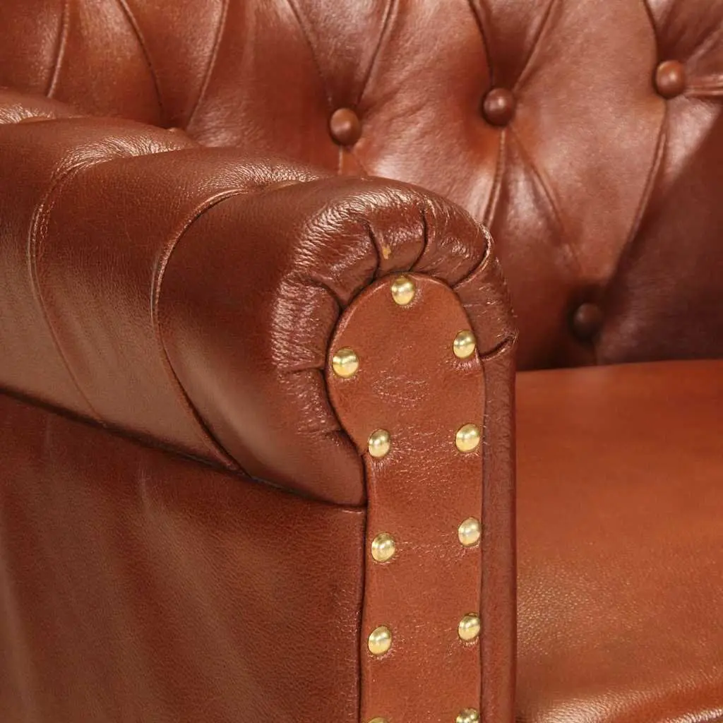 Armchair Brown Real Goat Leather Upholstered Solid Mango Wood Legs Living Room
