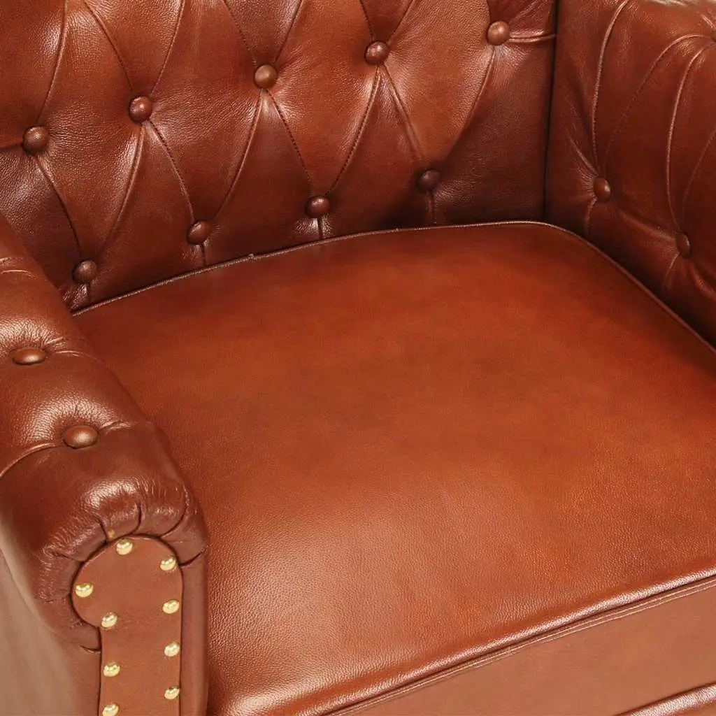 Armchair Brown Real Goat Leather Upholstered Solid Mango Wood Legs Living Room