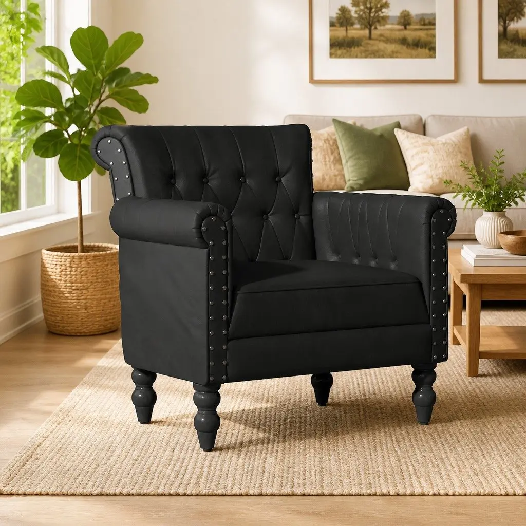 Armchair Black Real Goat Leather Lounge Chair Solid Mango Wood Legs