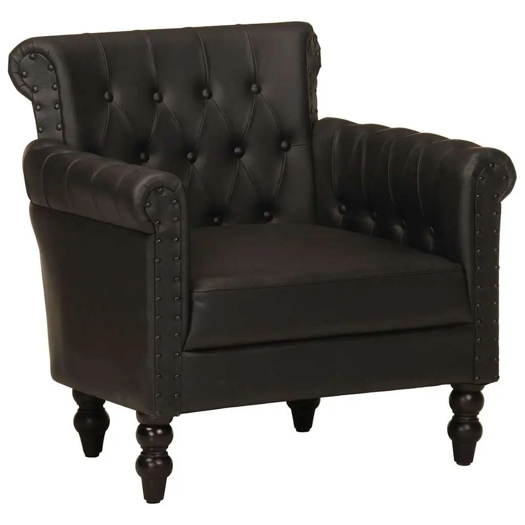 Armchair Black Real Goat Leather Lounge Chair Solid Mango Wood Legs