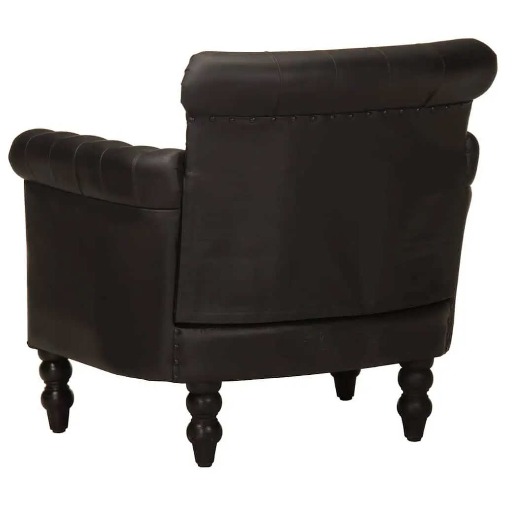 Armchair Black Real Goat Leather Lounge Chair Solid Mango Wood Legs