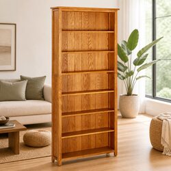 7-Tier Bookcase 90x22.5x200 cm Solid Oak Wood Storage Standing Shelf Display