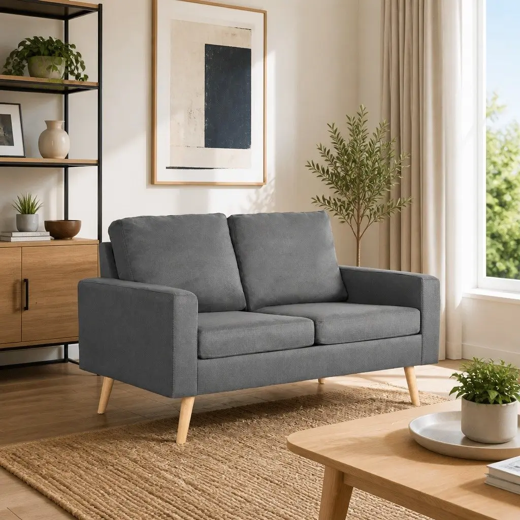 Grey Fabric Upholstered 2-Seater Sofa with Thick Cushions and Wooden Frame