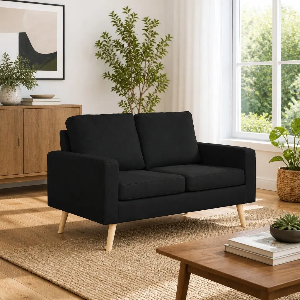 2-Seater Sofa Black Fabric Upholstered Padded Cushions