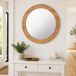 Round Wall Mirror 60 cm Brown Teak Frame Handmade Natural Wood Home Decor