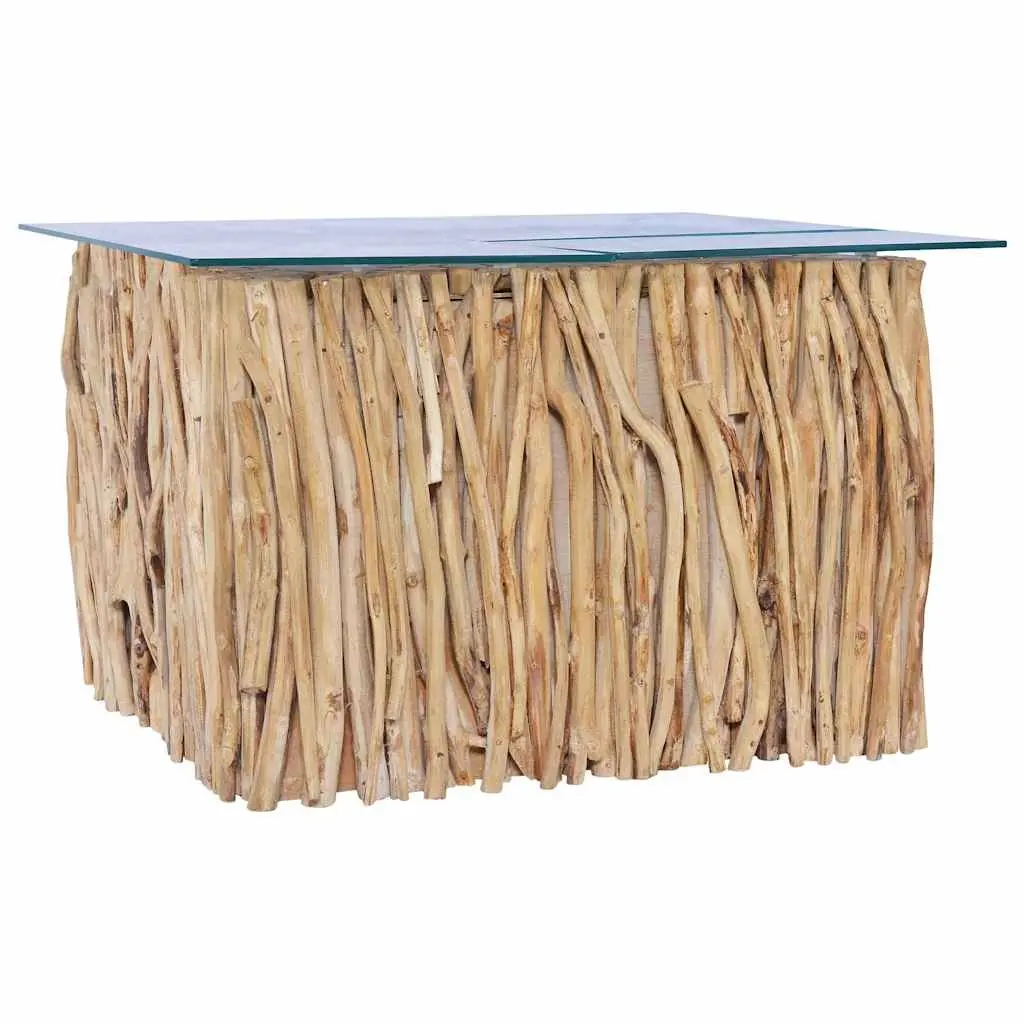 Coffee Table Solid Teak Wood Glass Top 66x66x40cm
