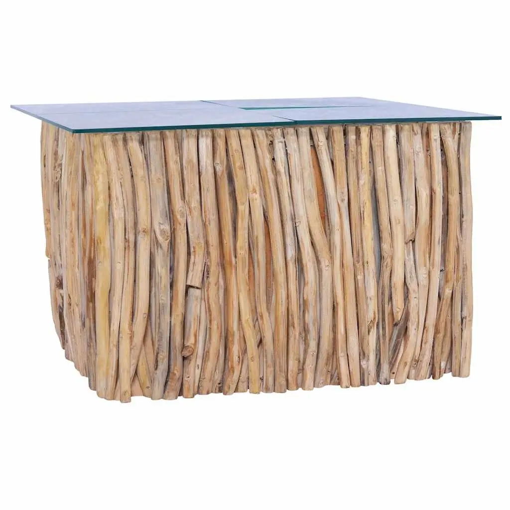 Coffee Table Solid Teak Wood Glass Top 66x66x40cm