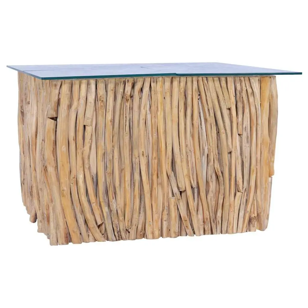 Coffee Table Solid Teak Wood Glass Top 66x66x40cm