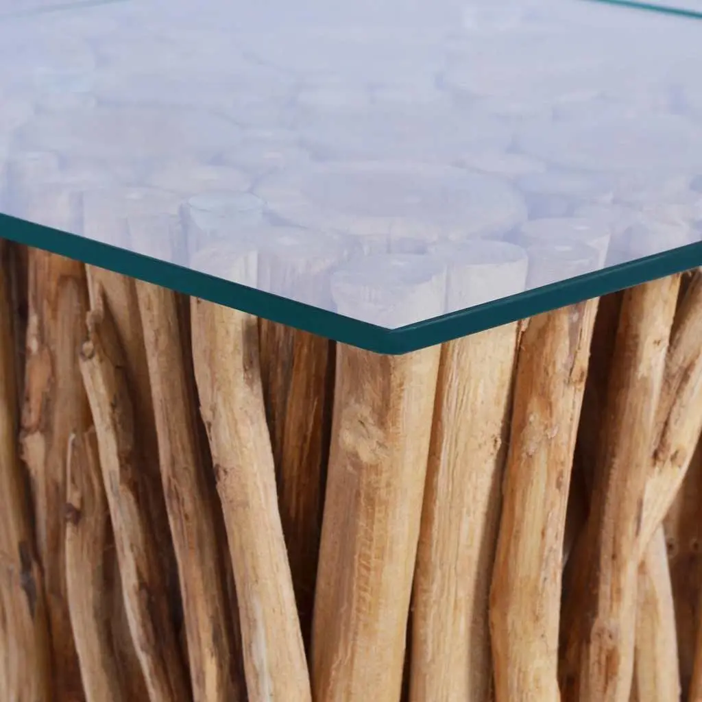 Coffee Table Solid Teak Wood Glass Top 66x66x40cm