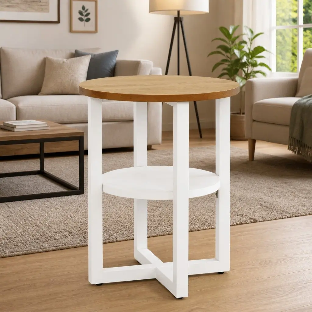 Wooden Side Table Solid Oak Wood Top Acacia Frame 40x50 cm