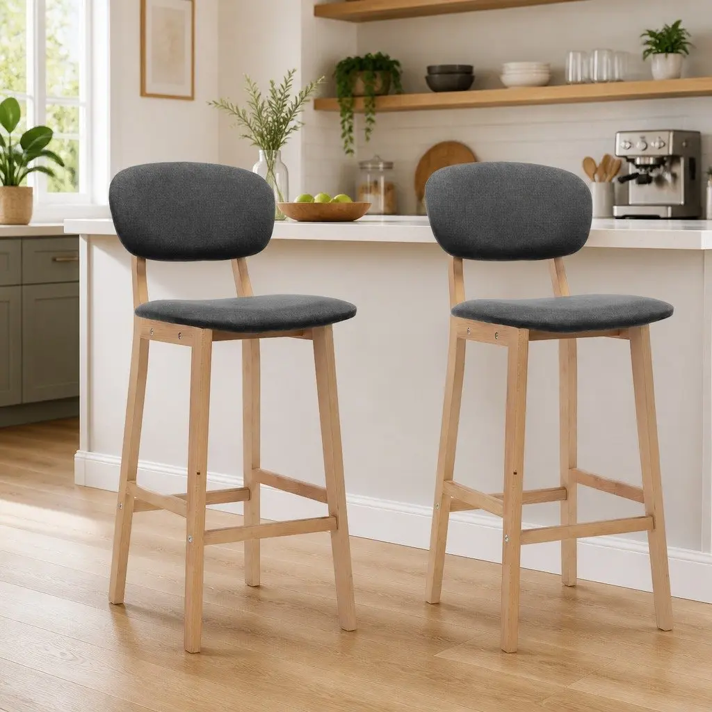 Grey Fabric Bar Stools Set of 2 with Backrest Footrest and Solid Beech Wood Legs