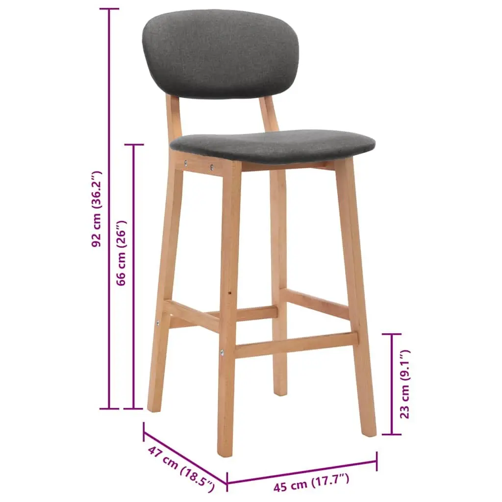 Grey Fabric Bar Stools Set of 2 with Backrest Footrest and Solid Beech Wood Legs