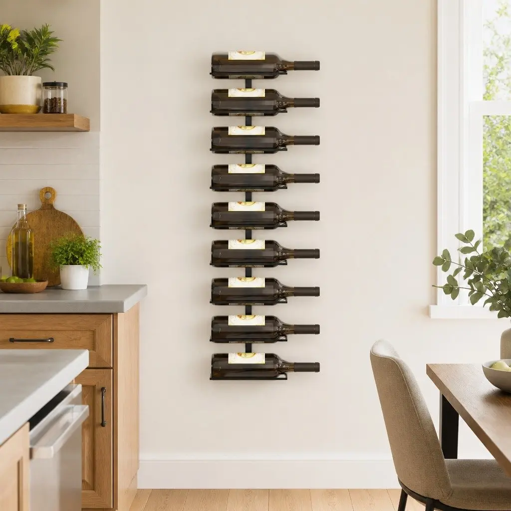 Wall-Mounted Wine Rack 9 Bottle Storage Black Iron Modern Home Decor Display