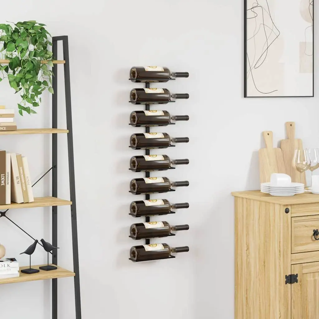 Wall-Mounted Wine Rack 9 Bottle Storage Black Iron Modern Home Decor Display