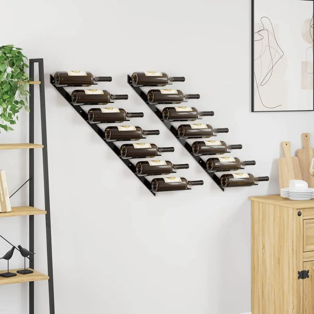 Wall-mounted Wine Rack Metal Black 14 Bottles Set of 2