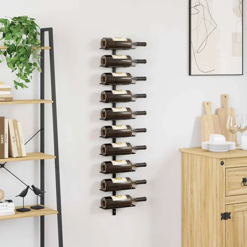 Wall-Mounted Wine Rack Black Metal Holds 10 Bottles