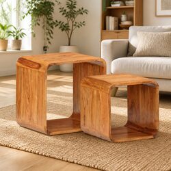 Charming 2 pcs Brown Accent Side Tables in Acacia Wood