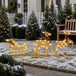 Reindeer Sleigh Christmas Decoration 60 LED Lights Outdoor Garden Yard Gold