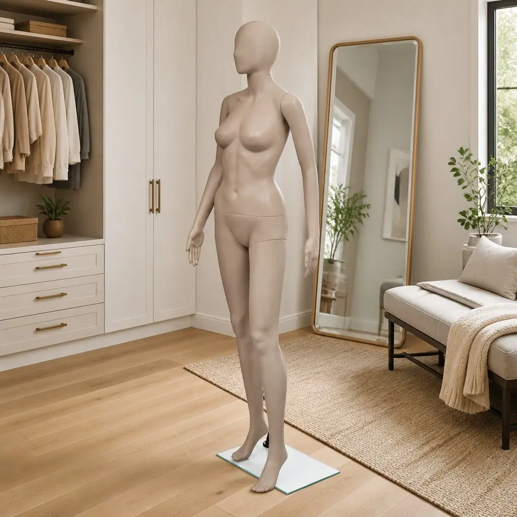 Female Display Mannequin Round Head Beige Torso with Glass Base Stand