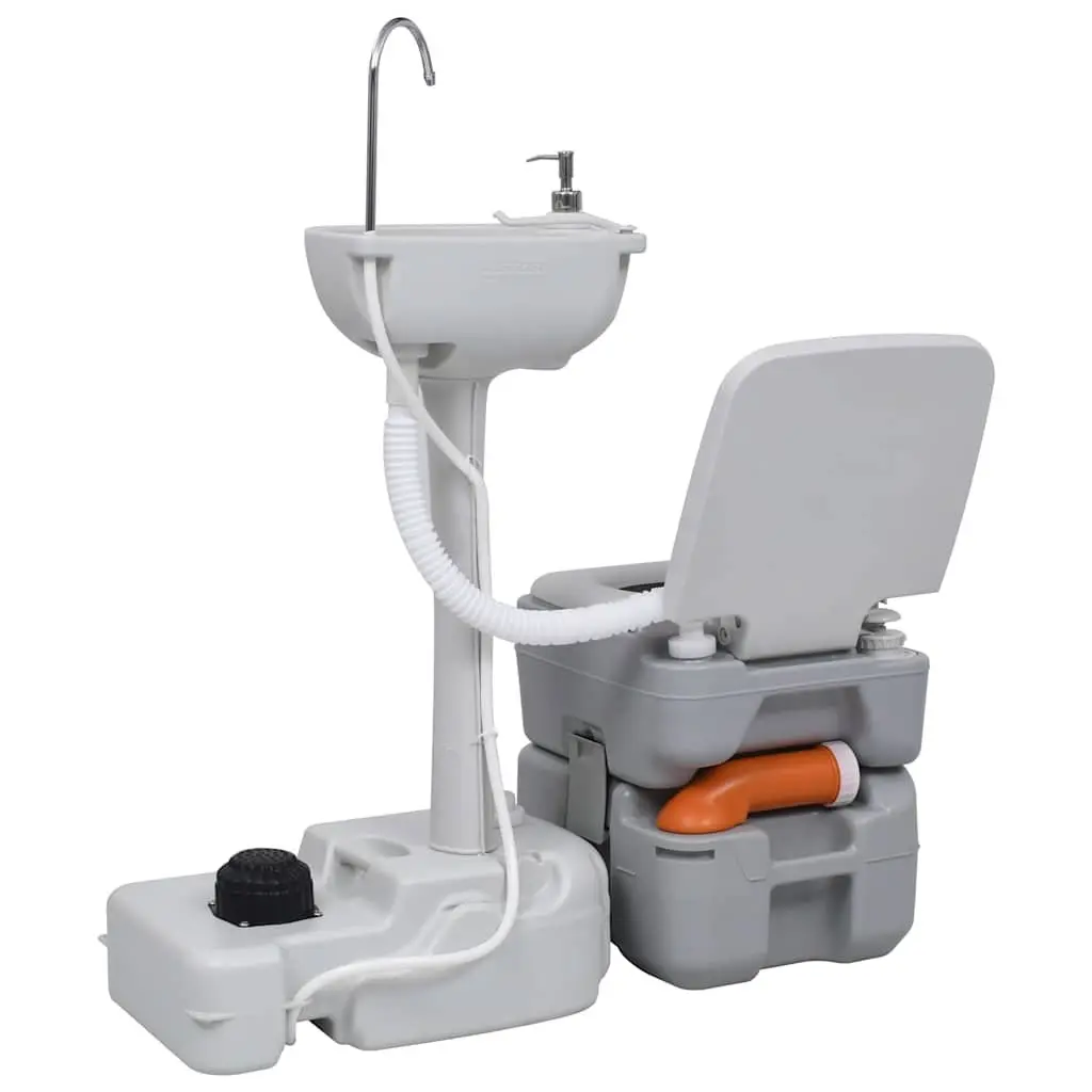 Camping Hygiene Set Grey Portable Handwash Station with Waste Tank and Toilet for Outdoor Flush
