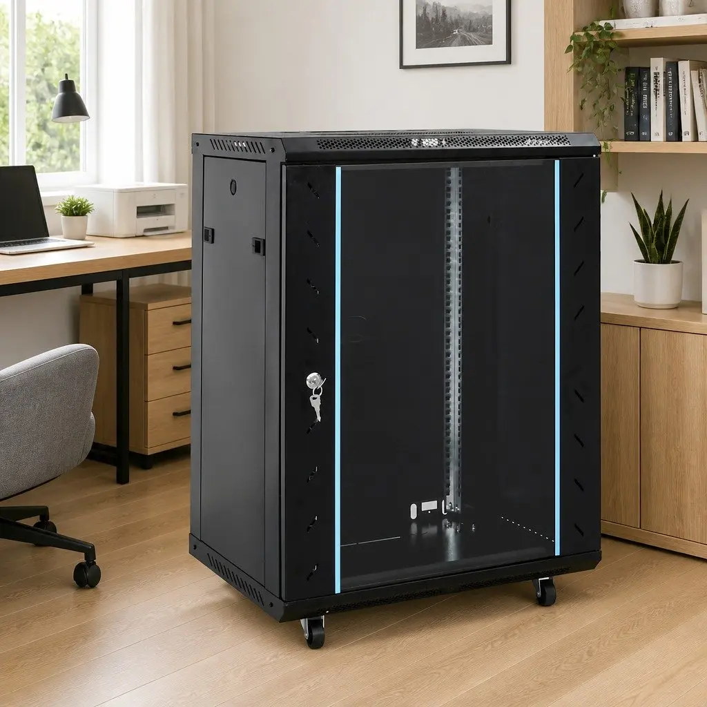 15U Network Cabinet Swivel Feet Black 19 Inch Rack Mount Server Storage Enclosure